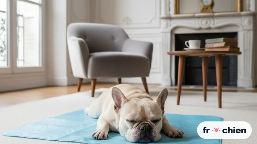 Bouledogue français endormi sur le tapis rafraîchissant Frichien bleu dans un appartement lumineux