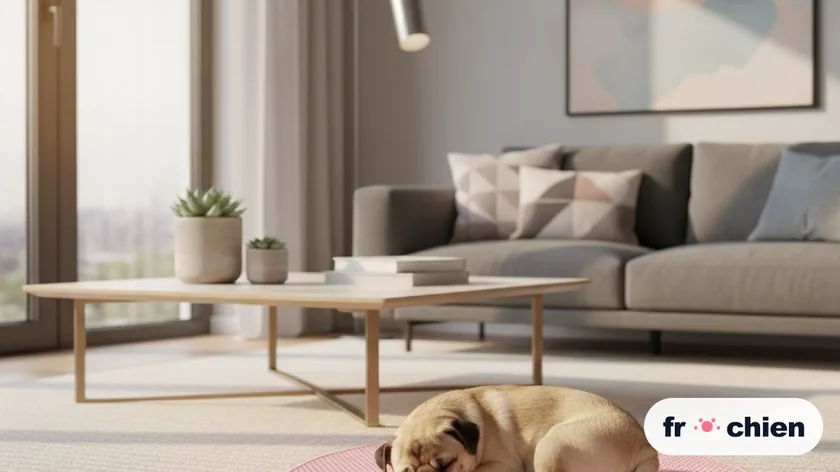 Chien allongé sur le tapis rafraîchissant Frichien