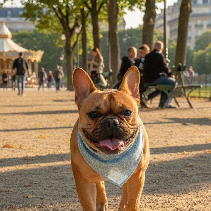 Bouledogue français portant le bandana rafraîchissant Frichien bleu dans un parc parisien