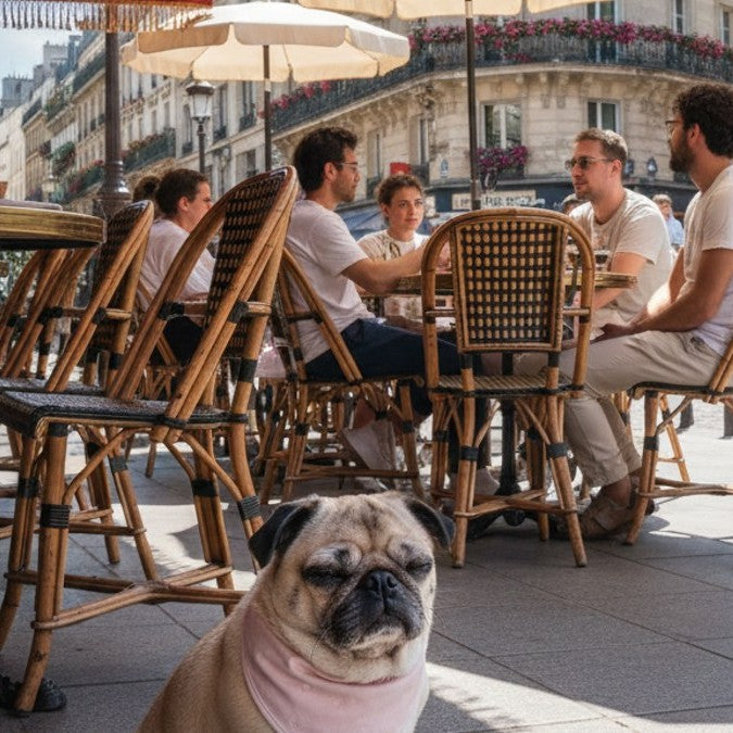 Carlin portant le bandana rafraîchissant Frichien rose en terrasse de café