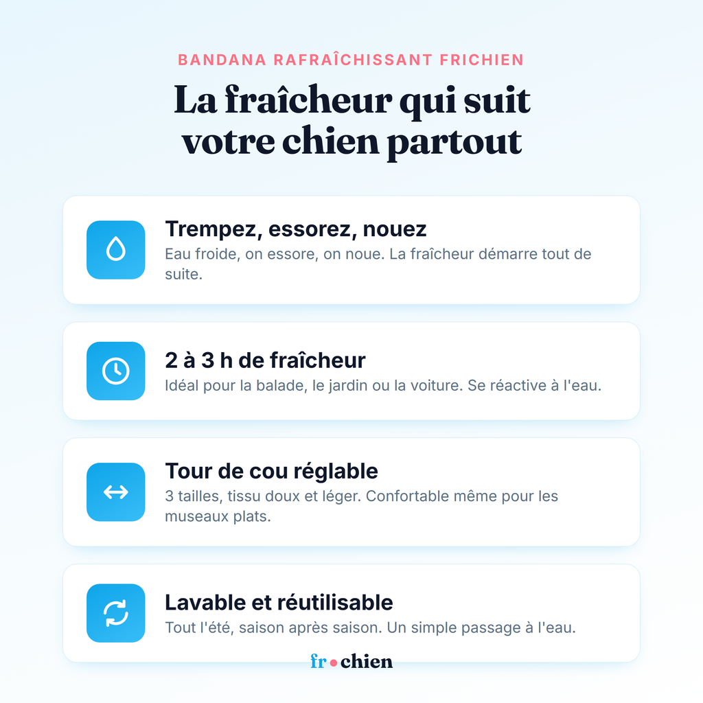 Avantages du bandana rafraîchissant Frichien : trempez essorez nouez, 2 à 3h de fraîcheur, réglable, lavable
