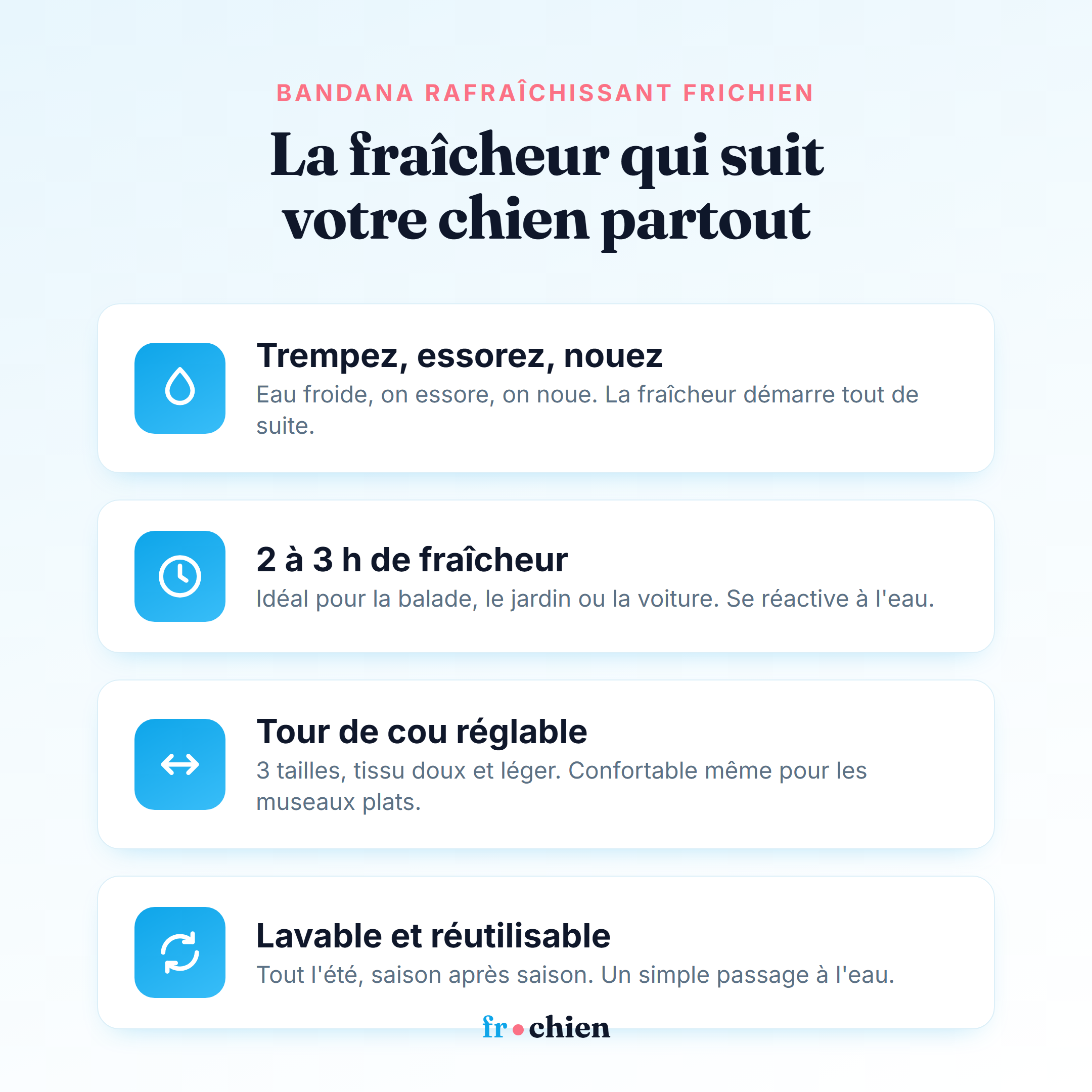 Avantages du bandana rafraîchissant Frichien : trempez essorez nouez, 2 à 3h de fraîcheur, réglable, lavable