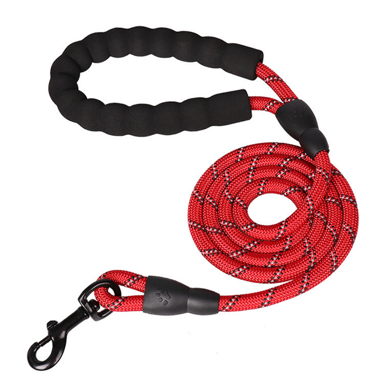 Laisse réfléchissante chien rouge — corde nylon réfléchissante, poignée néoprène, mousqueton aluminium