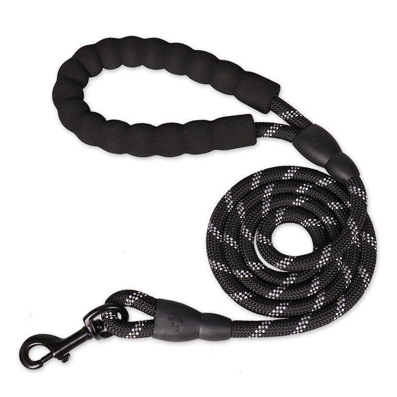 Laisse réfléchissante chien noire — corde nylon réfléchissante, poignée néoprène, mousqueton aluminium