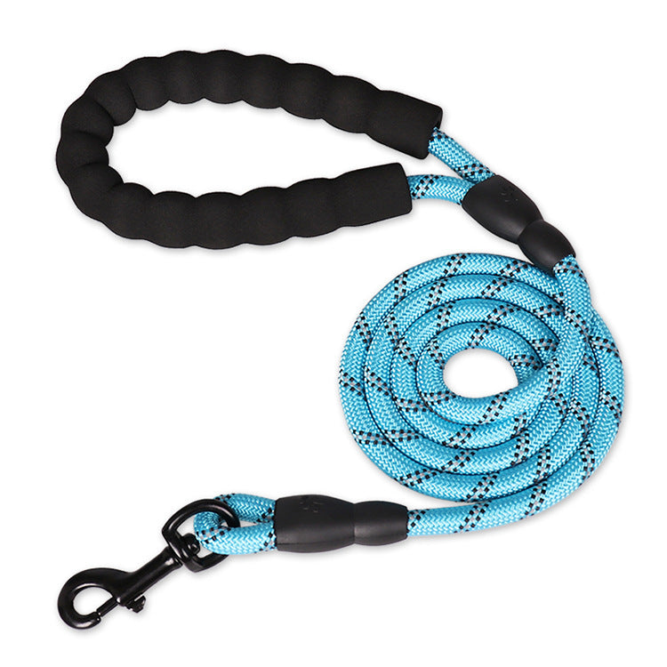 Laisse réfléchissante chien bleue — corde nylon réfléchissante, poignée néoprène, mousqueton aluminium