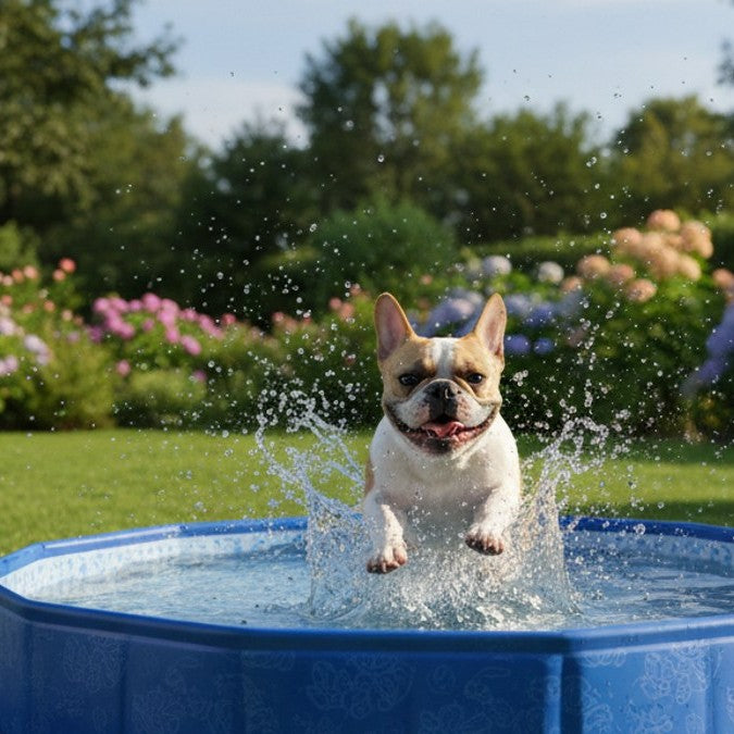 Bouledogue français qui saute dans la piscine rafraîchissante Frichien au jardin