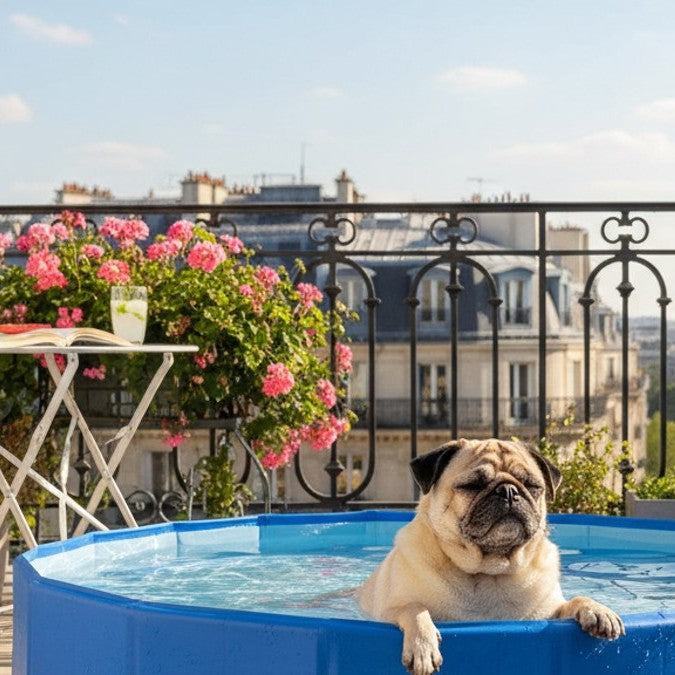 Carlin dans la piscine rafraîchissante Frichien sur un balcon parisien