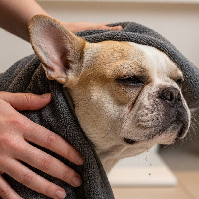 Bouledogue français séché avec la serviette microfibre ultra-absorbante Frichien