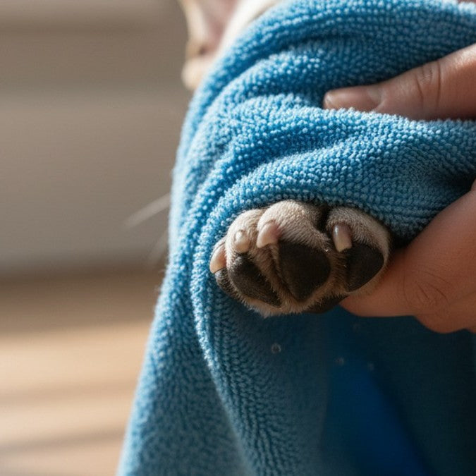 Patte de chien séchée avec la serviette microfibre Frichien