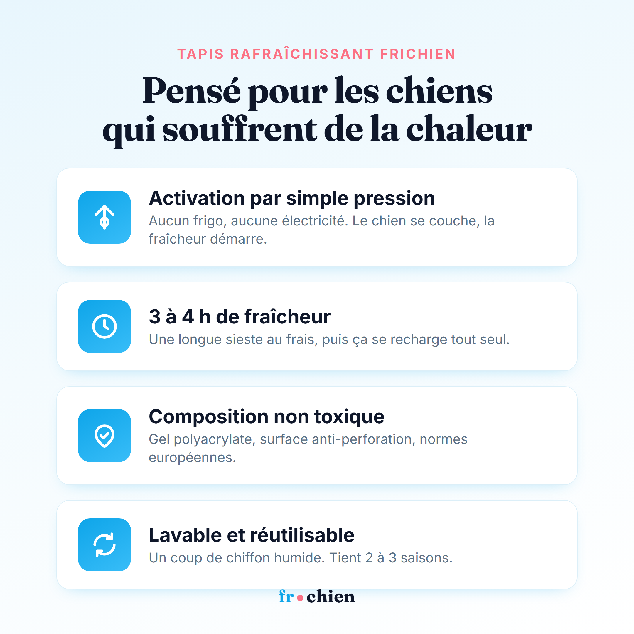 Avantages du tapis rafraîchissant Frichien : activation par pression, 3 à 4h de fraîcheur, non toxique, lavable