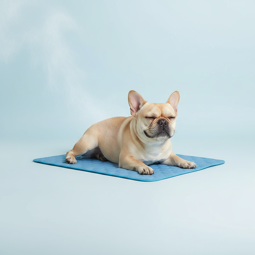 Bouledogue français allongé sur le tapis rafraîchissant Frichien bleu