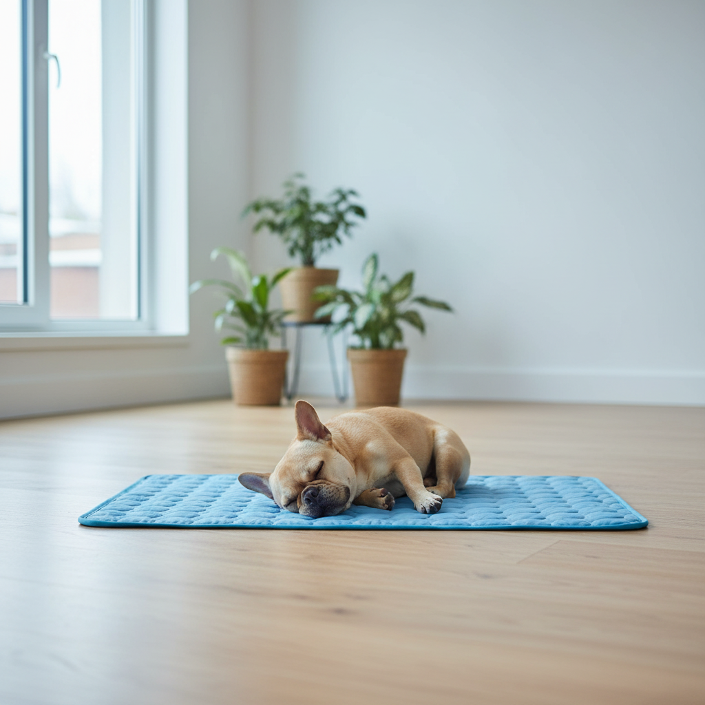 Bouledogue français endormi sur le tapis rafraîchissant Frichien dans un appartement lumineux